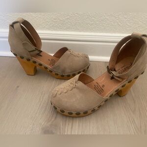 Jeffrey Campbell Tan Suede Mules with Wooden Heel
